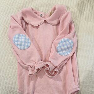 Beaufort Bonnet Co 6-12 mo Pink Baby Onesie with Blue Checkered Elbow Patches.